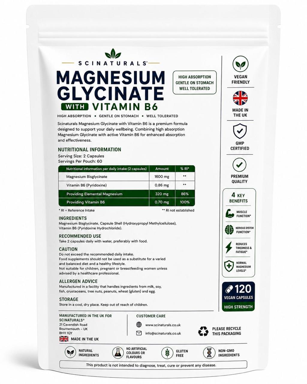 Scinaturals Magnesium Glycinate with Vitamin B6 | 1600mg High Absorption Formula