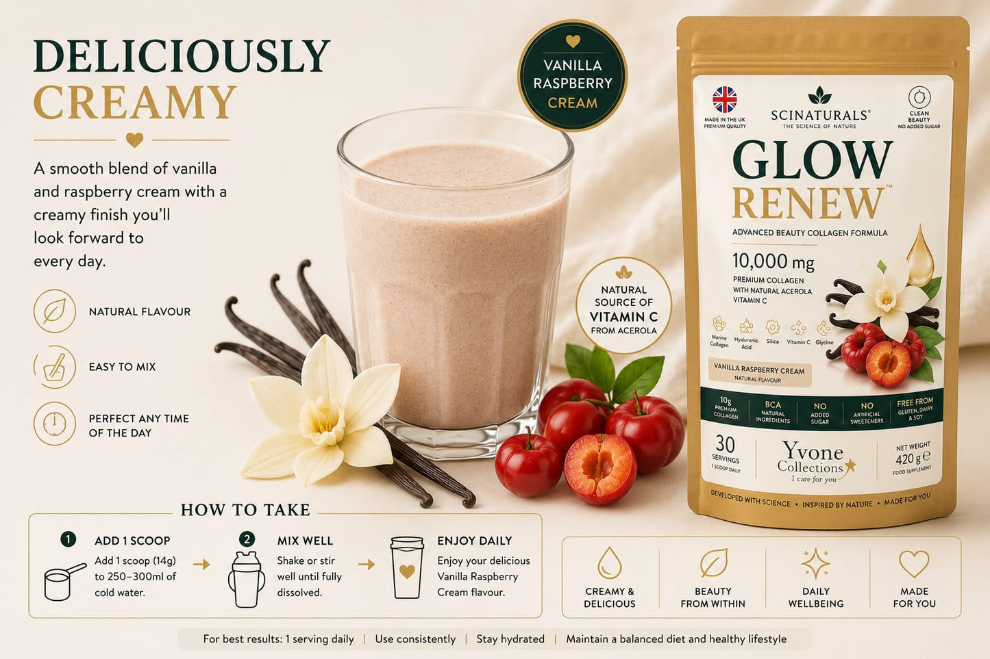 Glow Renew™ Premium Collagen Blend – Vanilla Raspberry Cream | Collagen, Vitamin C, Hyaluronic Acid & Zinc – 360g