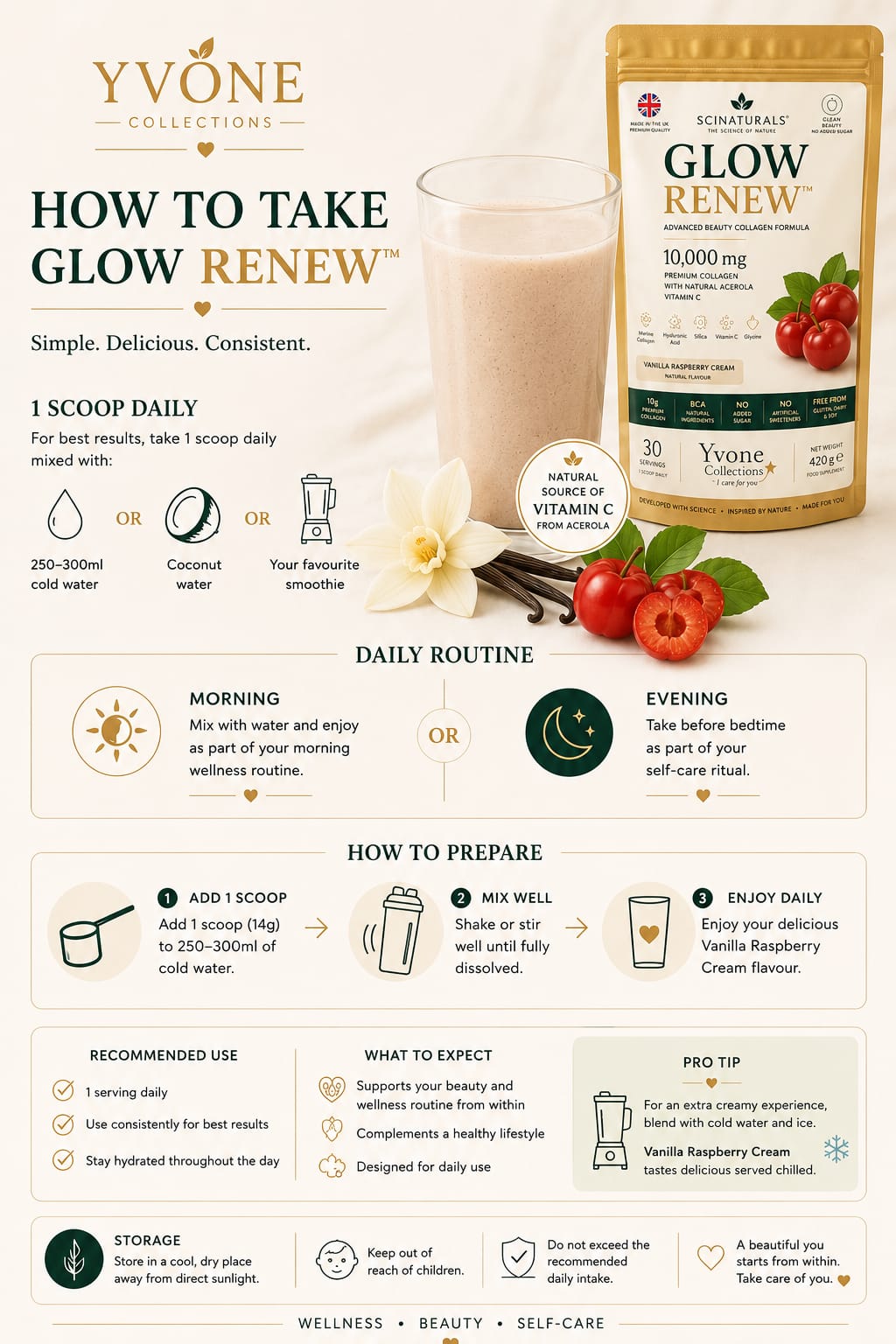 Glow Renew™ Premium Collagen Blend – Vanilla Raspberry Cream | Collagen, Vitamin C, Hyaluronic Acid & Zinc – 360g