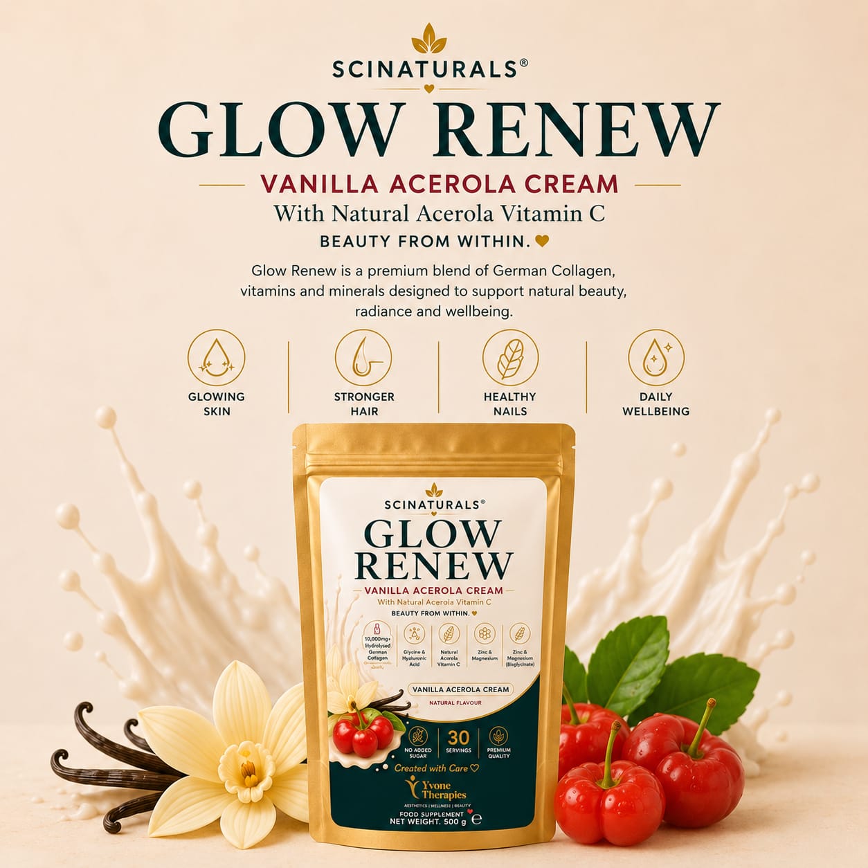 Glow Renew™ Premium Collagen Blend – Vanilla Raspberry Cream | Collagen, Vitamin C, Hyaluronic Acid & Zinc – 360g