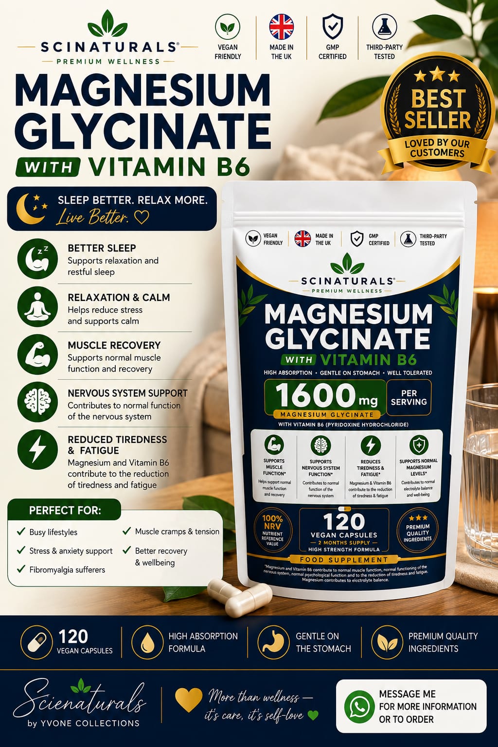 Scinaturals Magnesium Glycinate with Vitamin B6 | 1600mg High Absorption Formula