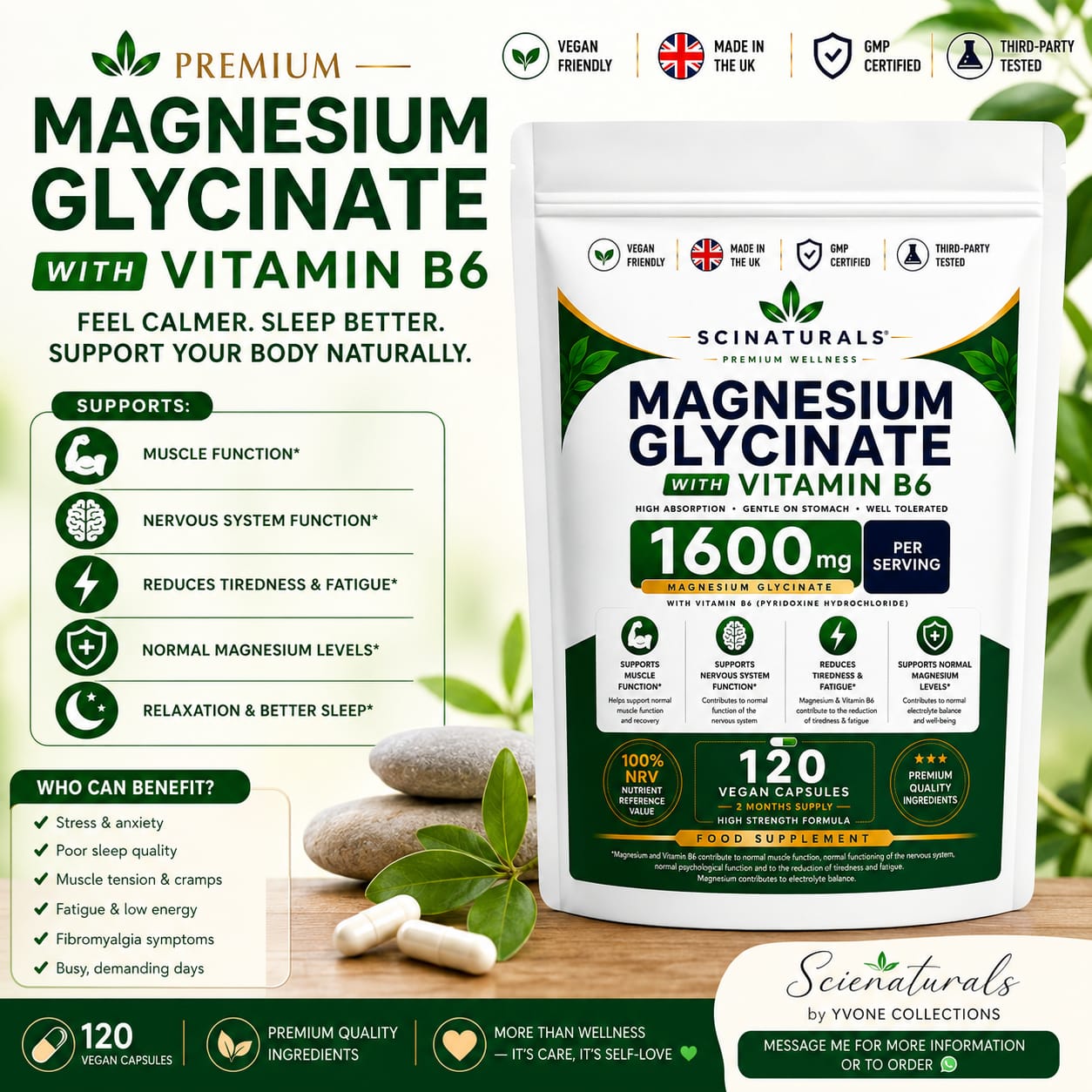 Scinaturals Magnesium Glycinate with Vitamin B6 | 1600mg High Absorption Formula